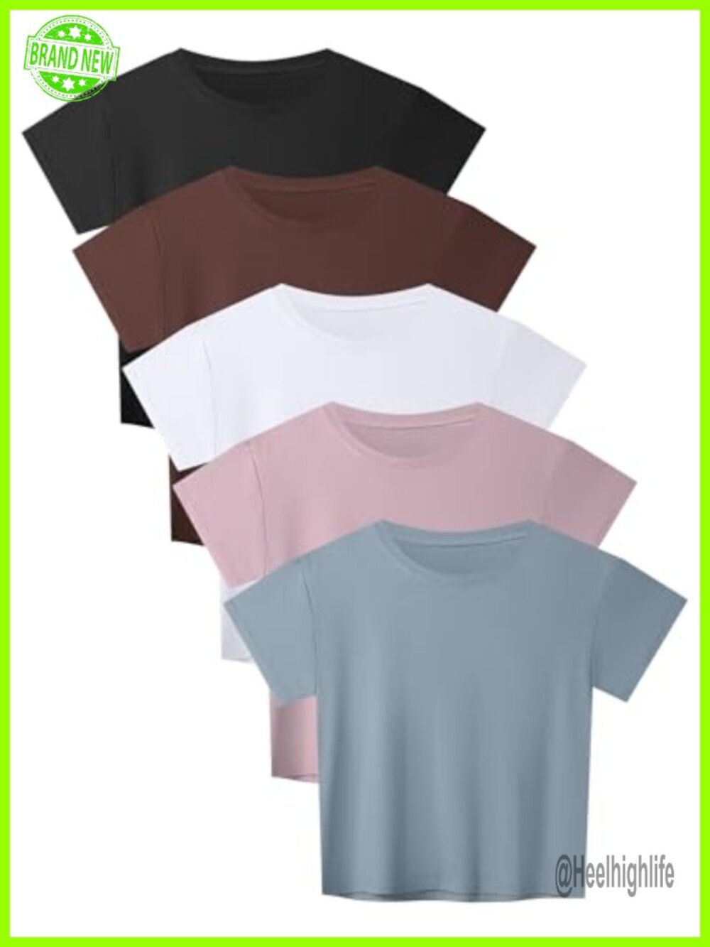 Womens 5 Pack Loose Fit Crop Top Short Sleeve Crew Neck T-Shirts